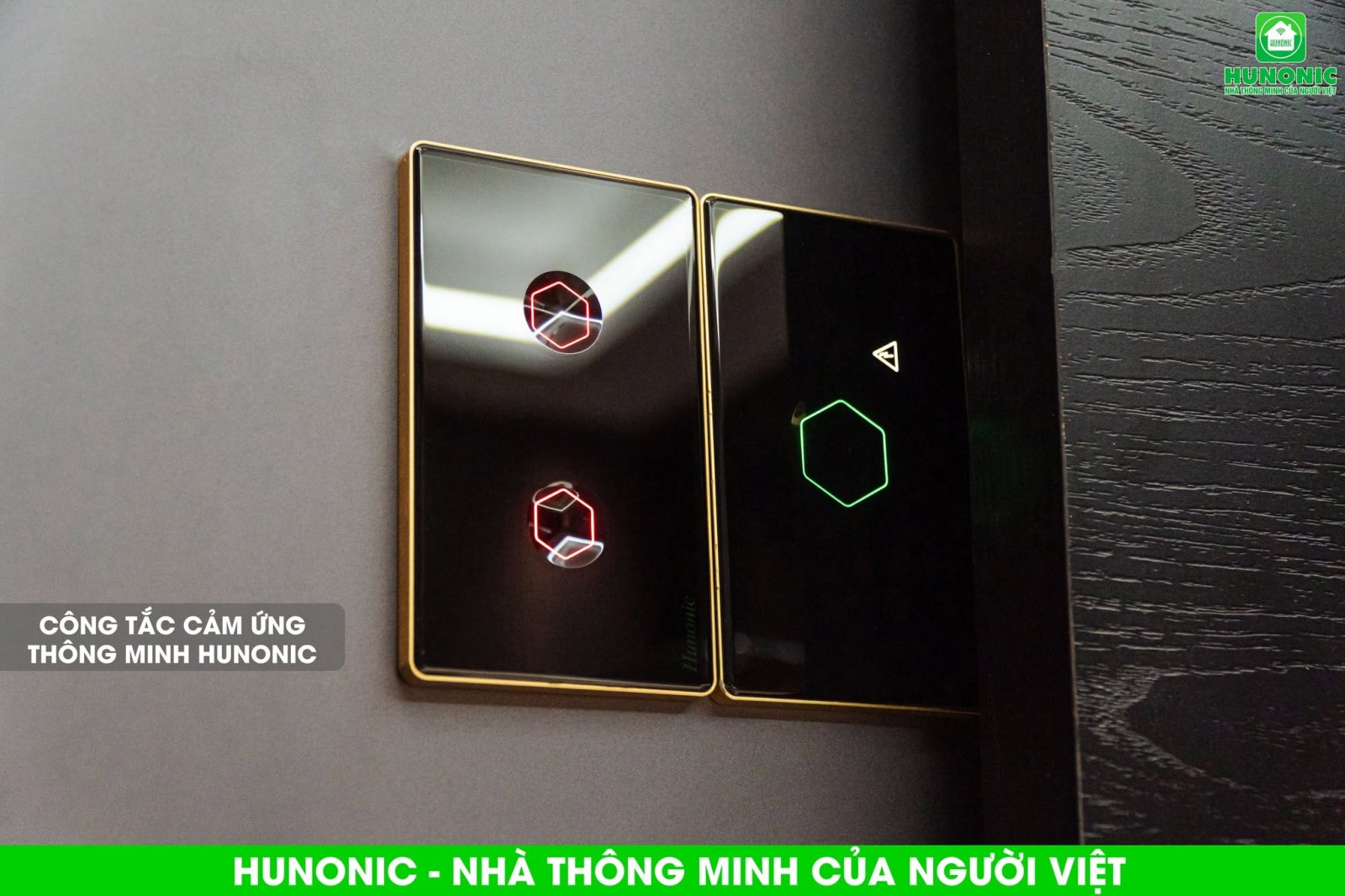 Công Tắc Hunonic PLE Premium Hình Chữ Nhật Viền Vàng