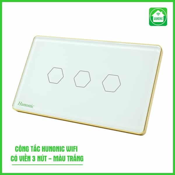 Công Tắc Cảm Ứng Wifi Hunonic Hình Chữ Nhật Viền Vàng 3 Nút