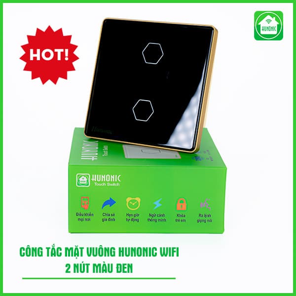 Công Tắc Cảm Ứng Wifi Hunonic Mặt Vuông Viền Vàng 2 Nút
