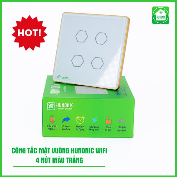 Công Tắc Cảm Ứng Wifi Hunonic Mặt Vuông Viền Vàng 4 Nút