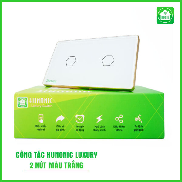 Công Tắc Hunonic BLE Luxury Hình Chữ Nhật Viền Vàng 2 Nút