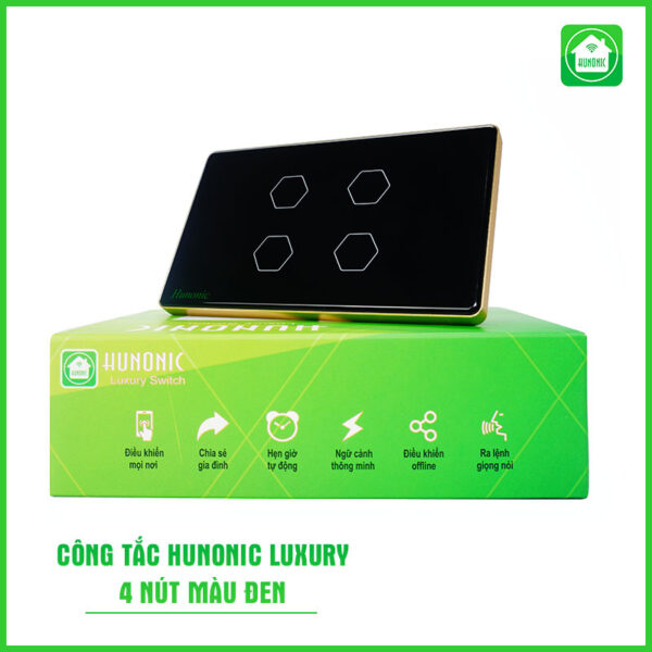 Công Tắc Hunonic BLE Luxury Hình Chữ Nhật Viền Vàng 4 Nút