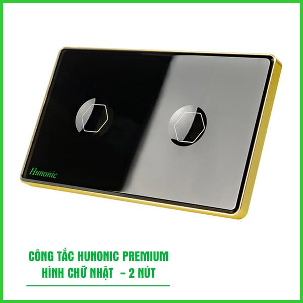 Công Tắc Hunonic PLE Premium Hình Chữ Nhật Viền Vàng 2 Nút