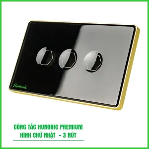 Công Tắc Hunonic PLE Premium Hình Chữ Nhật Viền Vàng 3 Nút